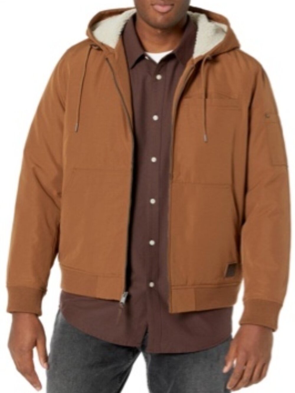 Lucky Brand Men’s Faux Sherpa Lined Hooded Bomber Jacket – Tobacco (Size Small)